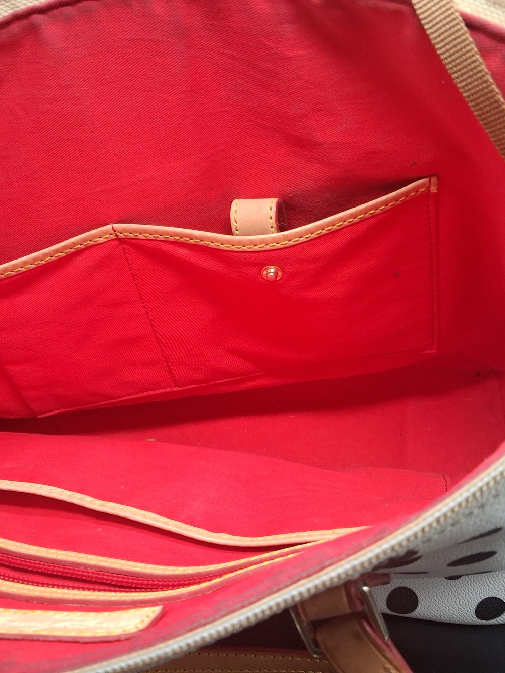 Dooney & Bourke Cream Tote with Black Polka Dots and Tan Leather Trim - Picture 11 of 12